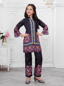 Mini Stitch - Black Satin Woven Placement Floral Print Kurta with Pant