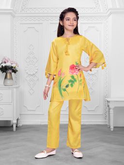 Mini Stitch - Yellow Satin Woven Placement Floral Print Kurta with Pant