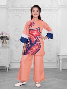Mini Stitch - Peach Satin Woven Placement Paisley Print Kurta with Pant