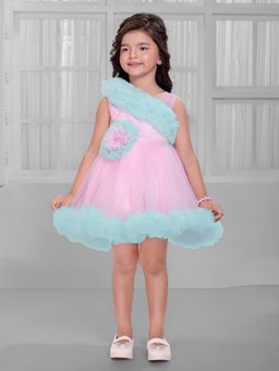 Mini Stitch - Pink Net Woven Solid Colour Block Party Dress