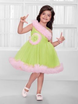 Mini Stitch - Green Net Woven Solid Colour Block Party Dress