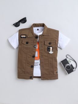 Mini Stitch - Brown Patchwork Jacket with Sports Print T-Shirt