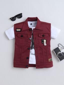 Mini Stitch - Maroon Patchwork Jacket with Sports Print T-Shirt