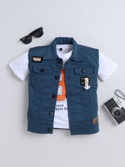 Mini Stitch - Teal Patchwork Jacket with Sports Print T-Shirt