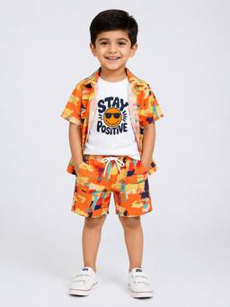 Mini Stitch - Orange Half Sleeves Abstract Printed Shirt with Shorts and T-Shirt