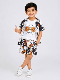 Mini Stitch - White Cotton Half Sleeves Basketball Printed Shirt and Shorts with T-Shirt