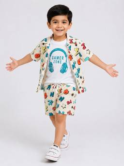 Mini Stitch - Beige Cotton Half Sleeves Printed Shirt and Shorts with T-Shirt
