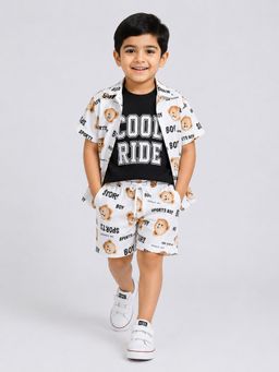 Mini Stitch - White Cotton Half Sleeves Printed Shirt and Shorts with T-Shirt