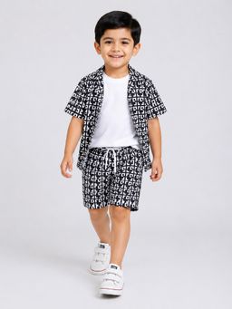Mini Stitch - Black Cotton Half Sleeves Printed Shirt and Shorts with T-Shirt