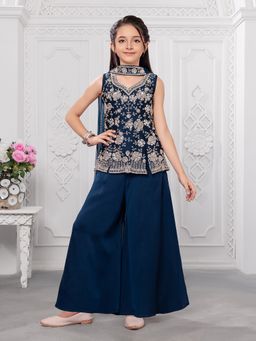 Mini Stitch - Blue Floral Handwork Silver Embroidered Kurti with Palazzo and Dupatta
