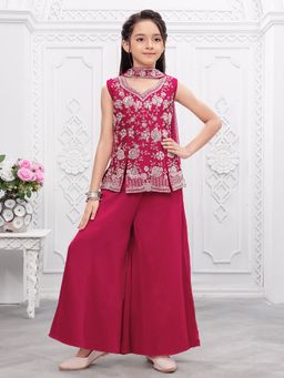Mini Stitch - Pink Floral Handwork Silver Embroidered Kurti with Palazzo and Dupatta
