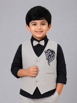 Mini Stitch - Black Full Sleeves Silver Embroidered Waistcoat and Shirt with Bow