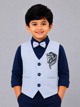 Mini Stitch - Blue Full Sleeves Silver Embroidered Waistcoat and Shirt with Bow