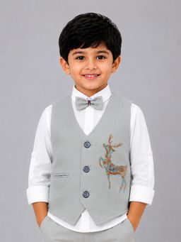 Mini Stitch - Green Deer Thread Embroidered Waistcoat Shirt with Bow