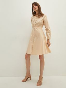 LC WAIKIKI - Shirt Collar Straight Waist Belted Long Sleeve Poplin Womens Dress (Set of 2)