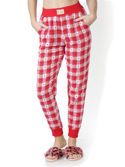 Bstories - Women Woven Cotton Red Heart Checked Full Length Jogger Cuff Pyjama