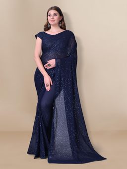VAIRAGEE - Navy Blue Georgette Embroidered Saree with Unstitched Blouse