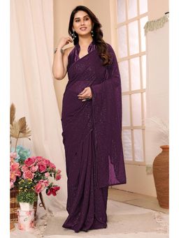 VAIRAGEE - Wine Georgette Embroidered Saree with Unstitched Blouse