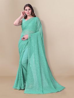 VAIRAGEE - Turquoise Georgette Embroidered Saree with Unstitched Blouse