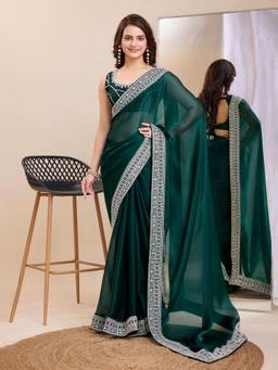 VAIRAGEE - Green Poly Silk Embroidered Saree with Unstitched Blouse