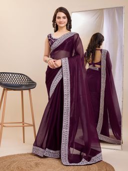 VAIRAGEE - Wine Poly Silk Embroidered Saree with Unstitched Blouse