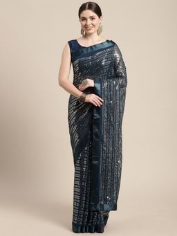 VAIRAGEE - Turquoise Georgette Embellished Saree with Unstitched Blouse