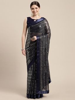 VAIRAGEE - Navy Blue Georgette Embellished Saree with Unstitched Blouse