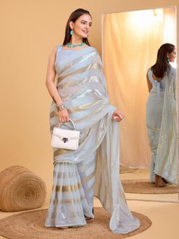 VAIRAGEE - Turquoise Georgette Embellished Saree with Unstitched Blouse