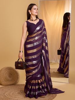 VAIRAGEE - Wine Georgette Embellished Saree with Unstitched Blouse
