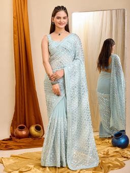VAIRAGEE - Turquoise Georgette Embellished Saree with Unstitched Blouse