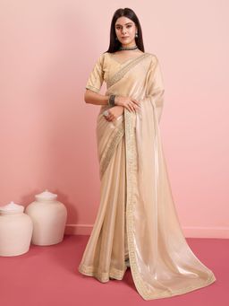 VAIRAGEE - Cream Poly Silk Embellished Saree with Unstitched Blouse