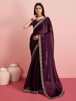 VAIRAGEE - Wine Poly Silk Embroidered Saree with Unstitched Blouse