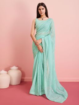VAIRAGEE - Turquoise Georgette Embellished Saree with Unstitched Blouse