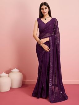 VAIRAGEE - Wine Georgette Embellished Saree with Unstitched Blouse