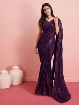 VAIRAGEE - Wine Georgette Embroidered Saree with Unstitched Blouse