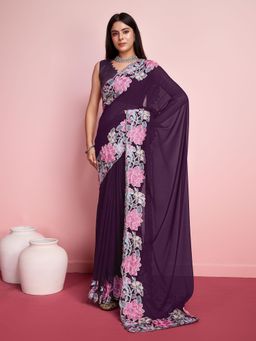 VAIRAGEE - Wine Georgette Embroidered Saree with Unstitched Blouse
