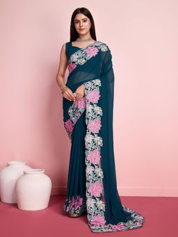 VAIRAGEE - Turquoise Georgette Embroidered Saree with Unstitched Blouse