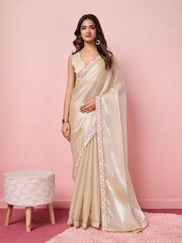 VAIRAGEE - Cream Poly Silk Embellished Saree with Unstitched Blouse