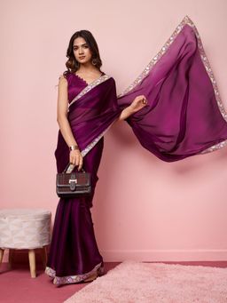 VAIRAGEE - Wine Poly Silk Embellished Saree with Unstitched Blouse