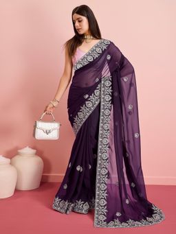 VAIRAGEE - Wine Georgette Embroidered Saree with Unstitched Blouse