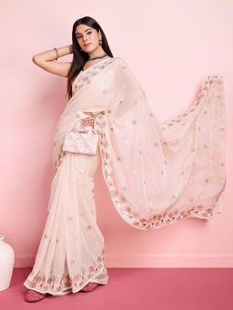 VAIRAGEE - Cream Organza Embroidered Saree with Unstitched Blouse
