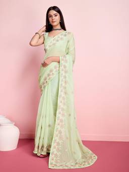 VAIRAGEE - Olive Organza Embroidered Saree with Unstitched Blouse