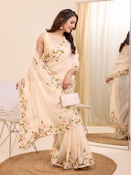 VAIRAGEE - Cream Organza Embroidered Saree with Unstitched Blouse