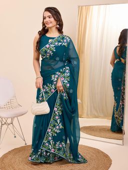VAIRAGEE - Turquoise Organza Embroidered Saree with Unstitched Blouse