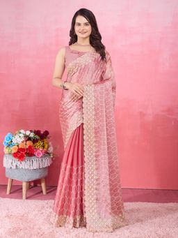 VAIRAGEE - Peach Poly Silk Embroidered Saree with Unstitched Blouse