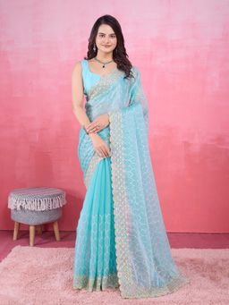 VAIRAGEE - Blue Poly Silk Embroidered Saree with Unstitched Blouse