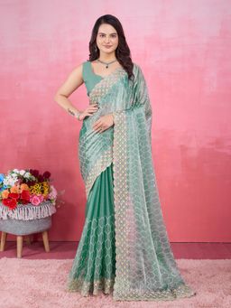 VAIRAGEE - Turquoise Poly Silk Embroidered Saree with Unstitched Blouse