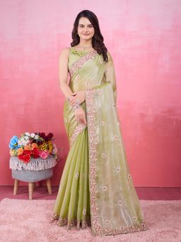 VAIRAGEE - Olive Poly Silk Embroidered Saree with Unstitched Blouse