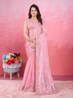 VAIRAGEE - Pink Poly Silk Embroidered Saree with Unstitched Blouse