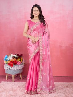 VAIRAGEE - Rose Gold Poly Silk Embroidered Saree with Unstitched Blouse